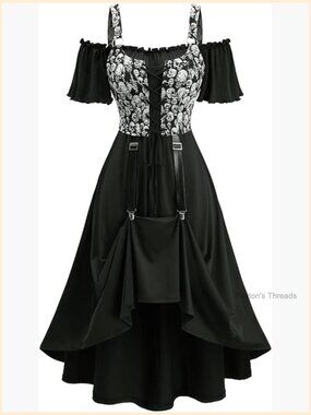 Plus Size Gothic Steampunk Renaissance Cold Shoulder Lace-up Corset Midi Dress
